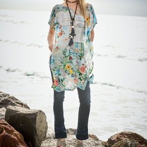 Johnny Was SILK MULTI BLUE PLAID TUNIC patchwork look